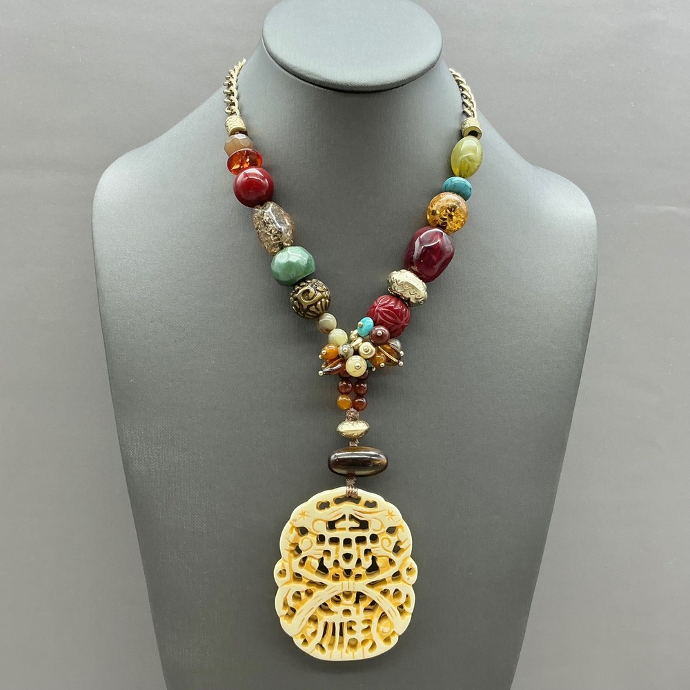 Chico's Necklace Multicolor Beaded Carved Look Pendant Gold Tone Boho Statement